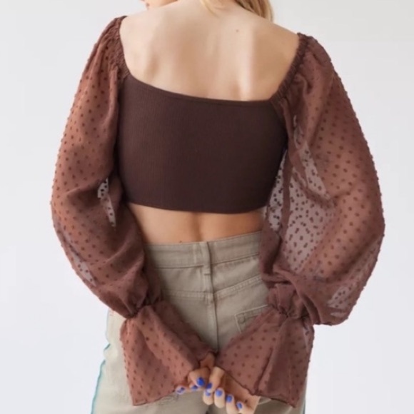 Urban Outfitters Puff Sleeve Blouse Women’s XS Chocolate Brown Cropped Boho Top - Picture 13 of 17